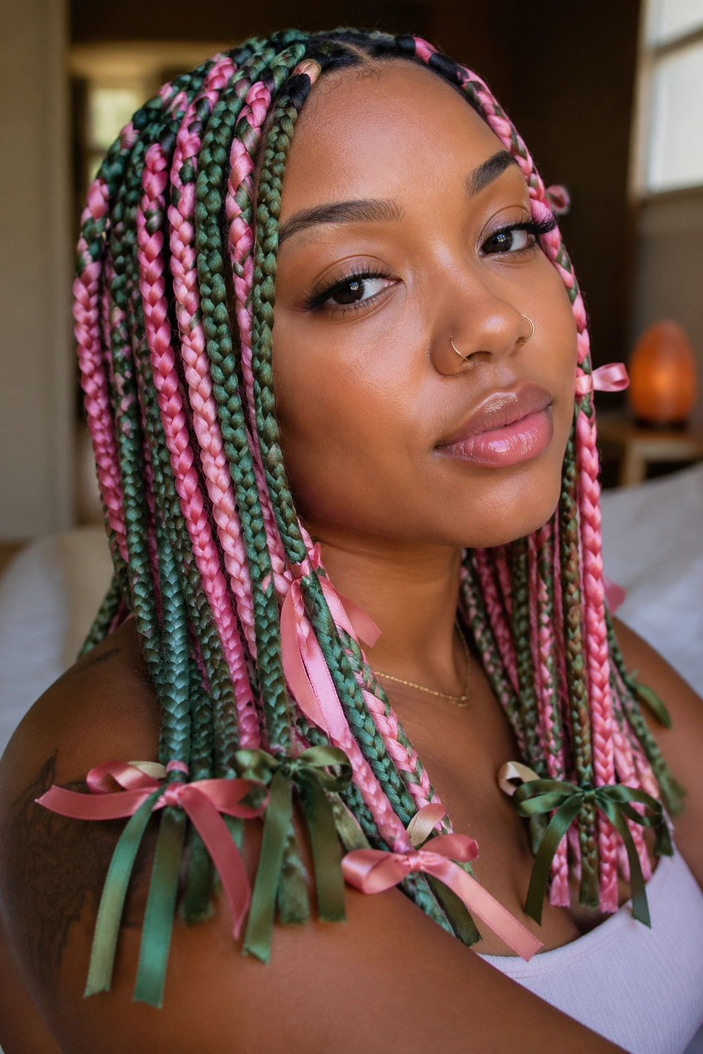 Close-up of a real woman with green and pink box braids tied with ribbons, natural window light