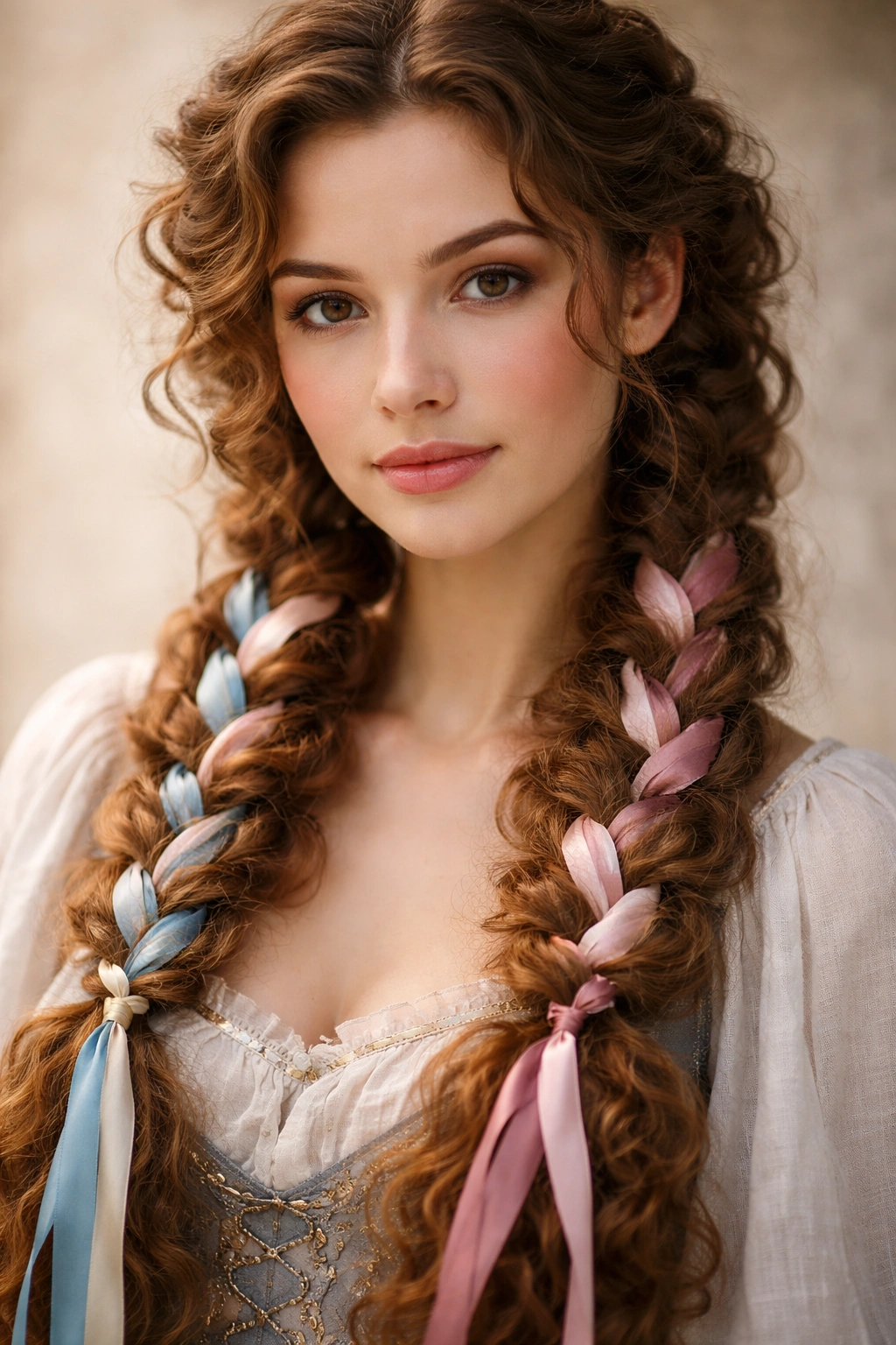 Two ribbon-woven braids with fabric ribbons weaving through curly hair