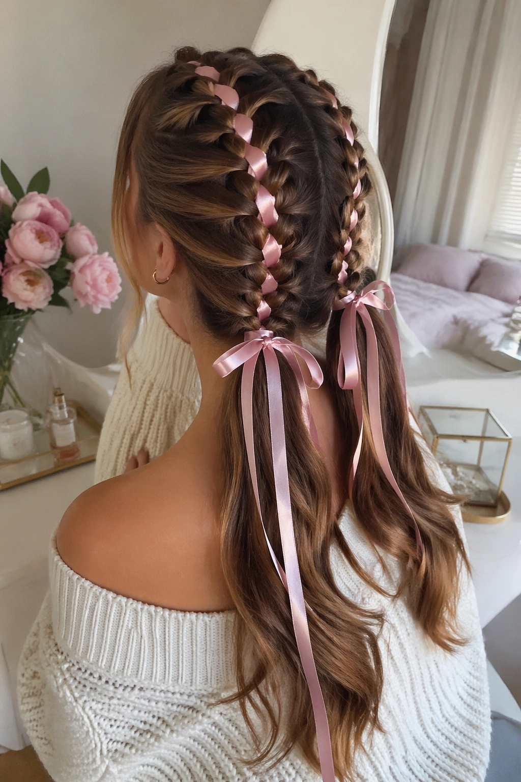 Over-the-shoulder view of ribbon-laced double braided ponytail.