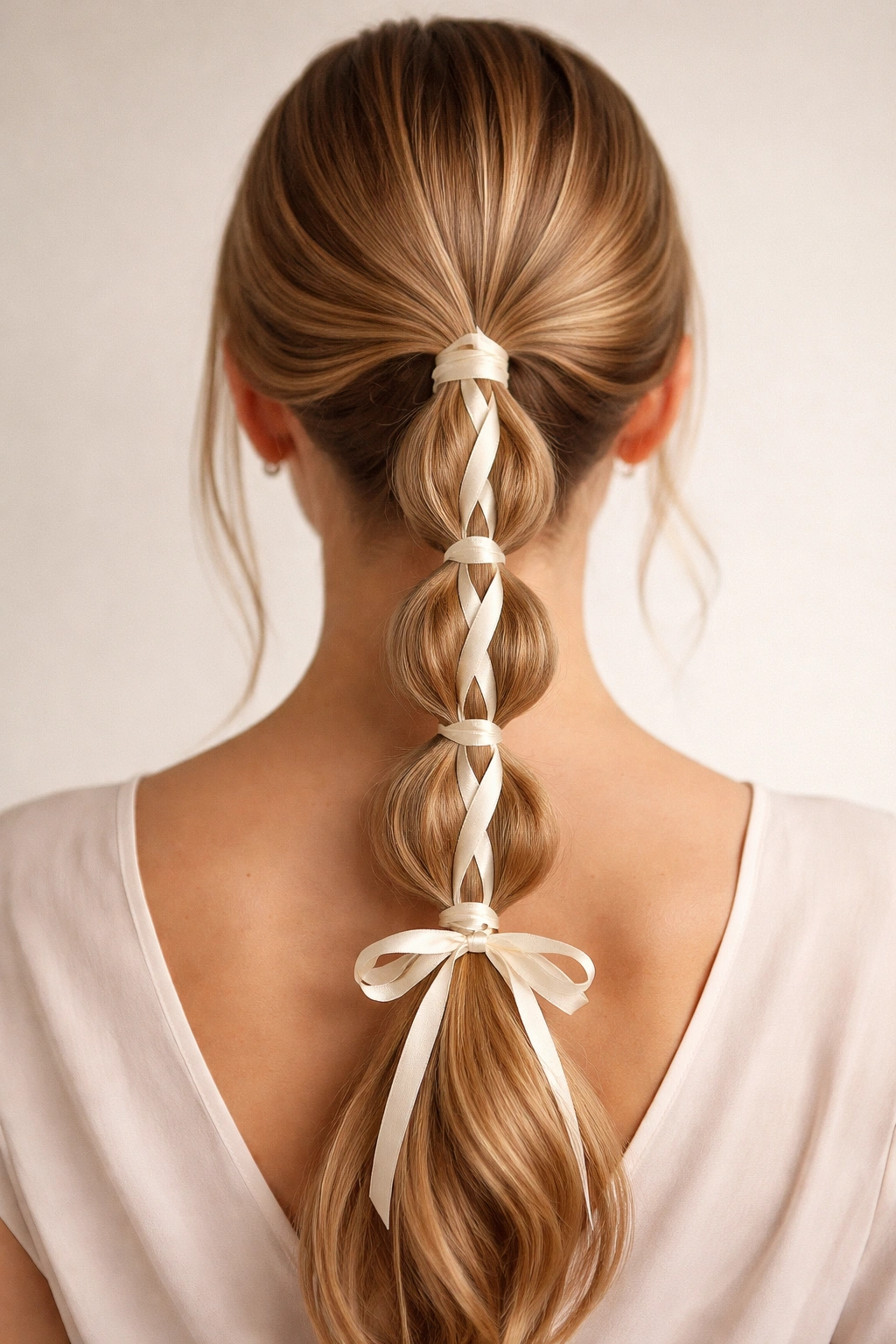 Ribbon intertwined through low bubble braid ponytail