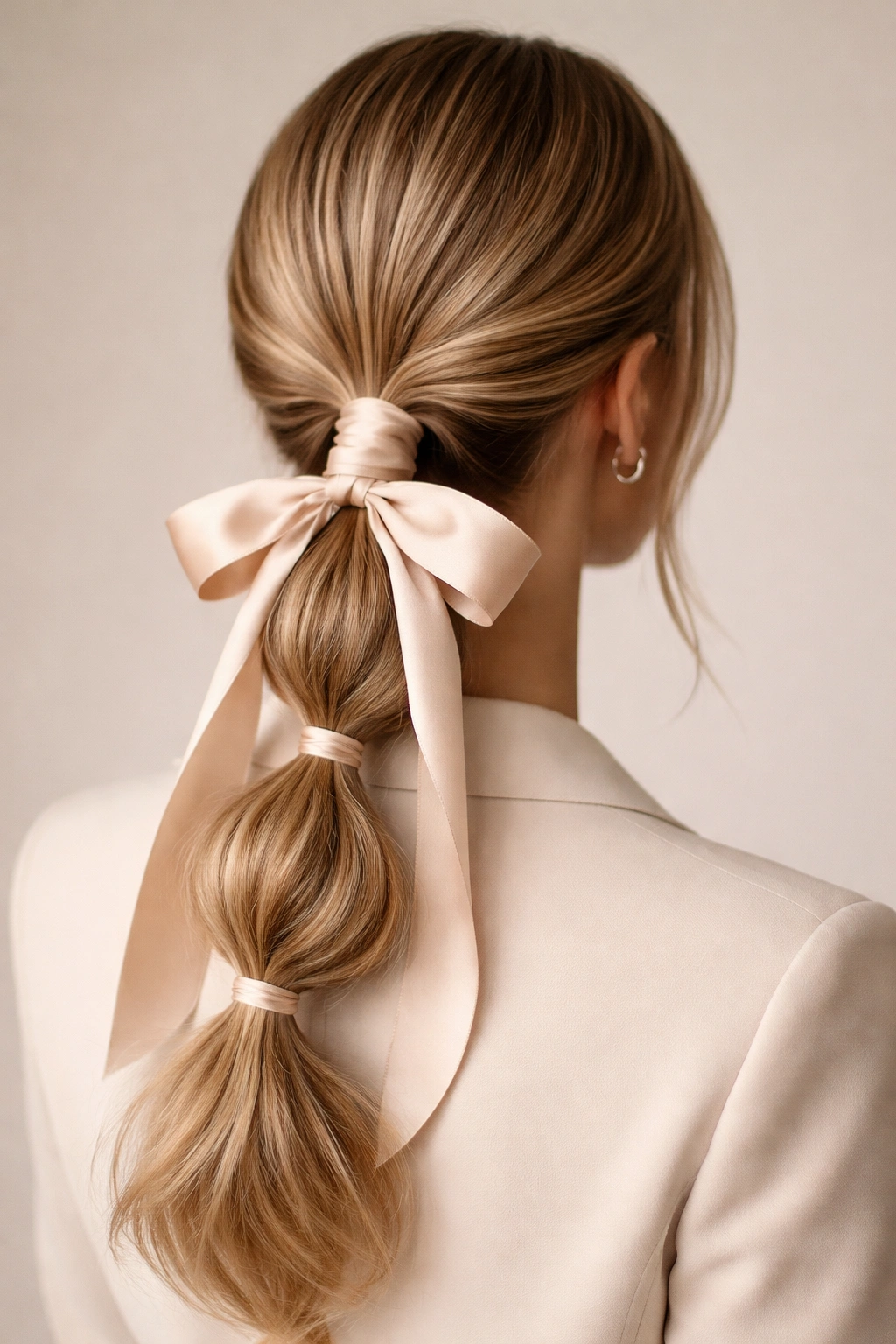 Bubble low ponytail with satin ribbon tied at base