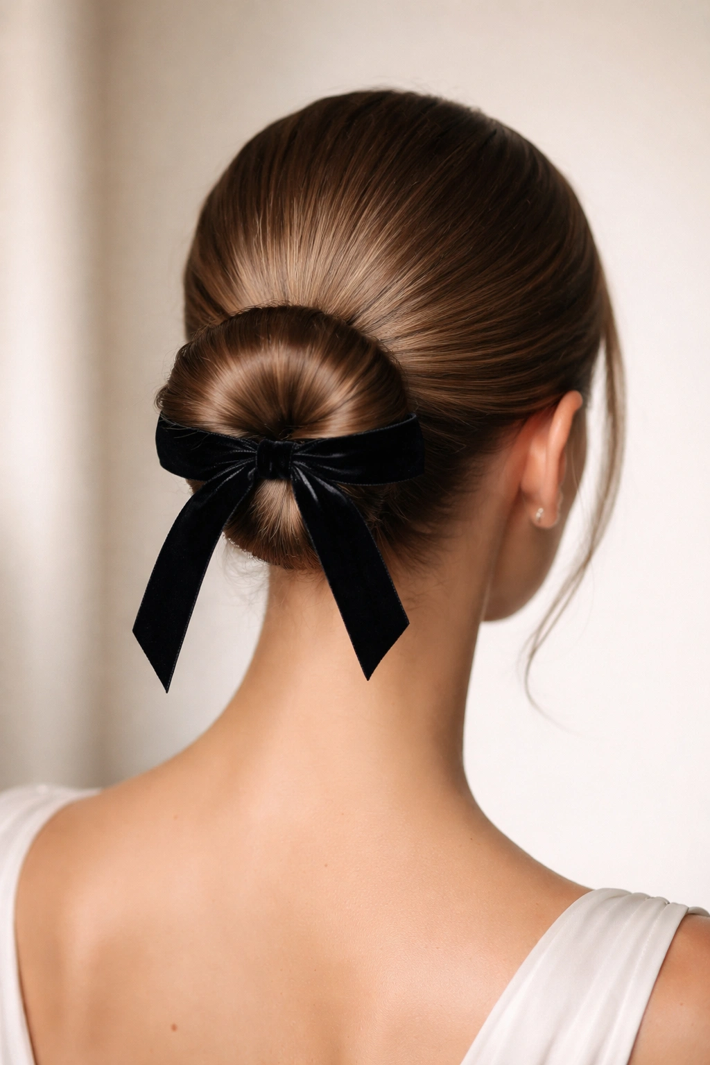 Sleek bun with a ribbon wrapped around the base.