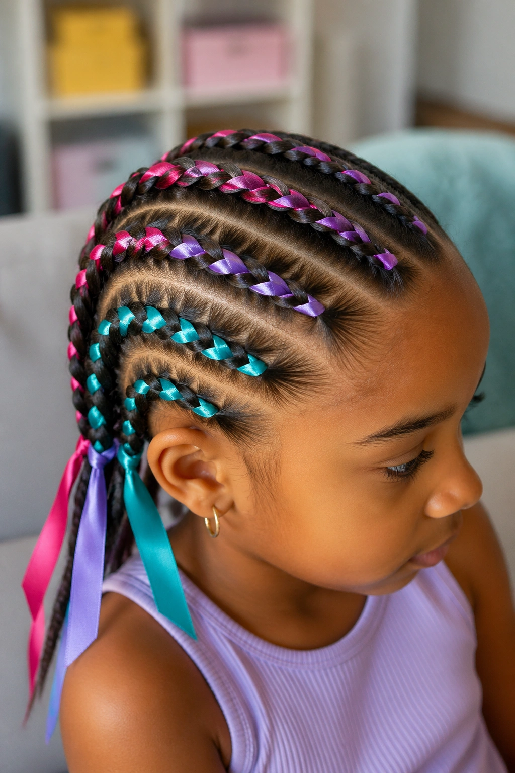 Child with ribbons woven into cornrows in a bright setting.