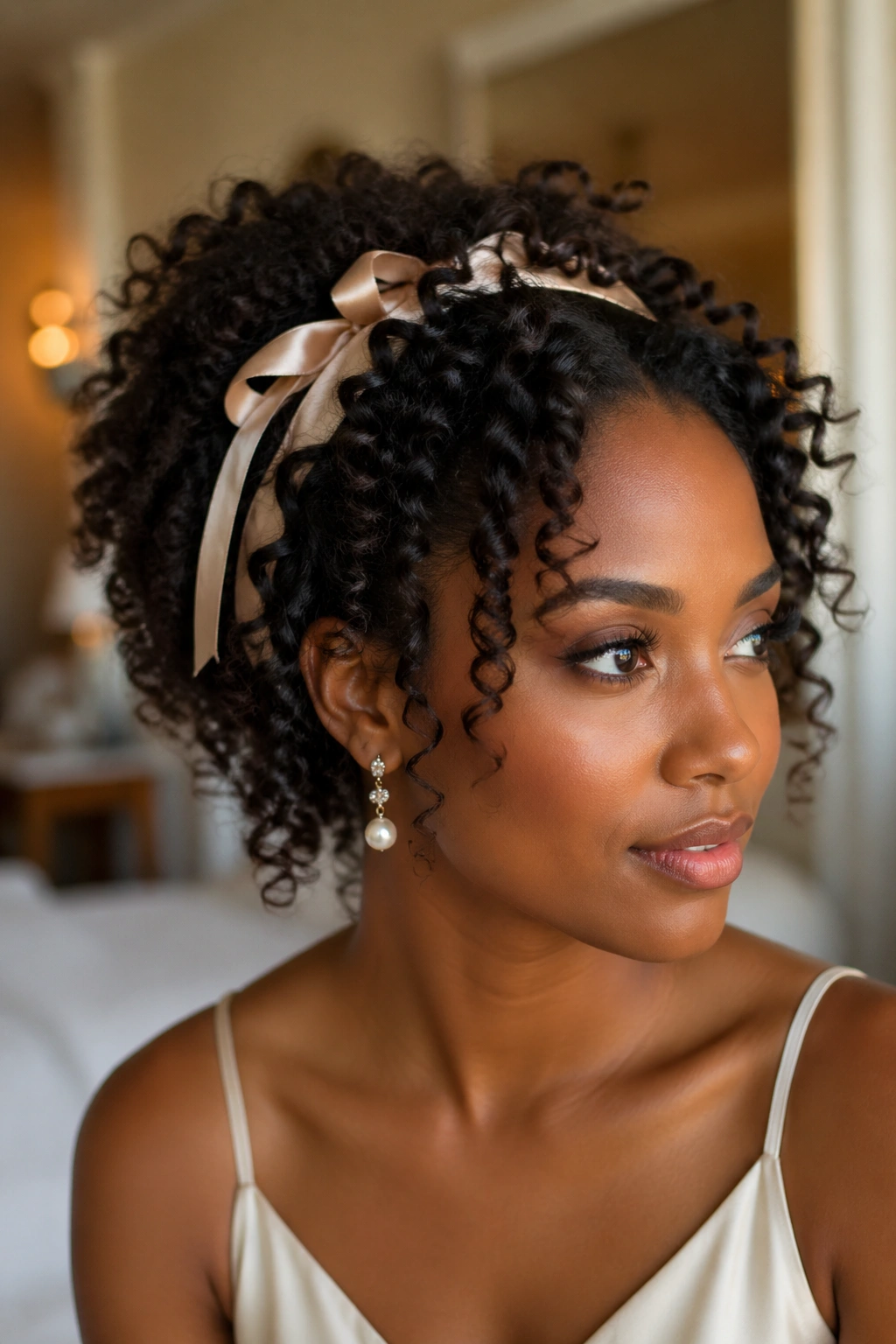 Natural curls with satin ribbon around crown in bridal setting.