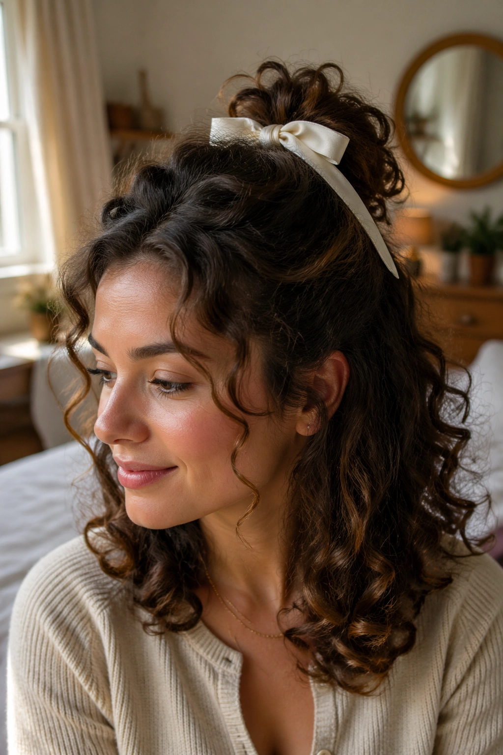 Close-up of a real woman wearing Ribbon-Tied Curly Half-Up with Soft Ends, ribbon tie at the crown.