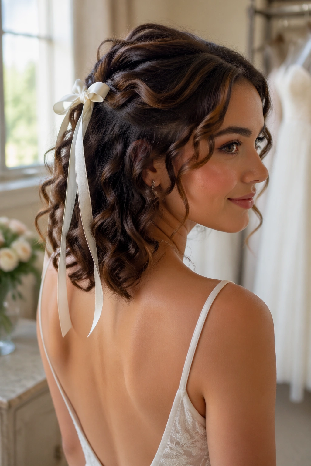 Close-up of a shoulder-length curly lob with a back ribbon on a real person