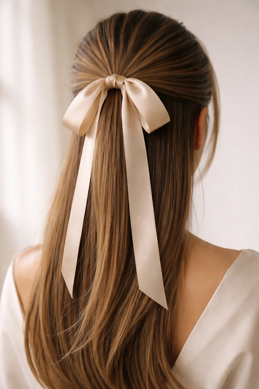 Close-up of a half pony with a satin ribbon tied around the elastic and ribbon tails