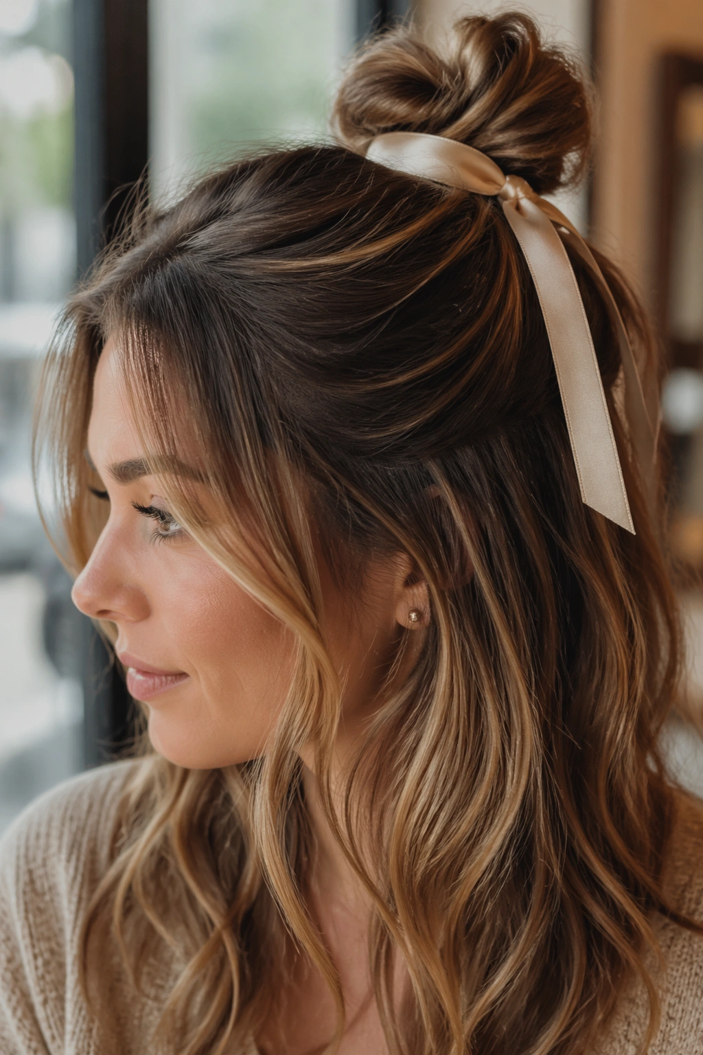 Close-up of a real woman with ribbon tied half up bun in cafe window light