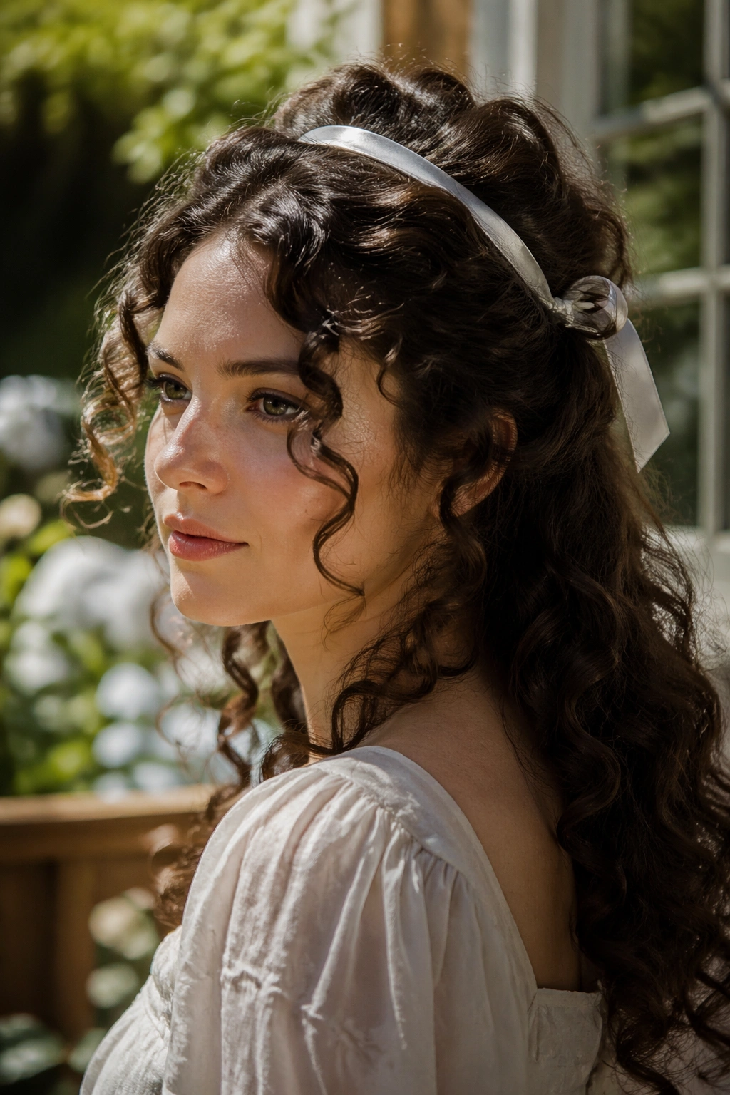 Close-up of a real woman showing half-up curls with a ribbon band across the crown.