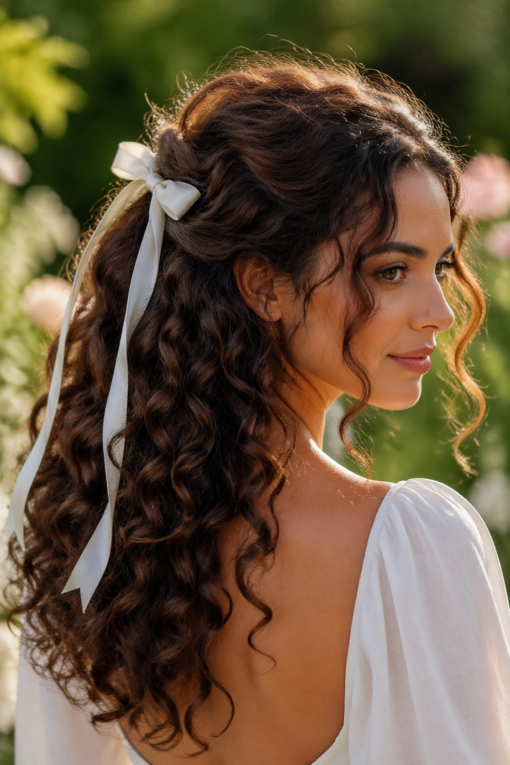 Close-up portrait of a real woman with ribbon-tied half up hairstyle in a garden setting