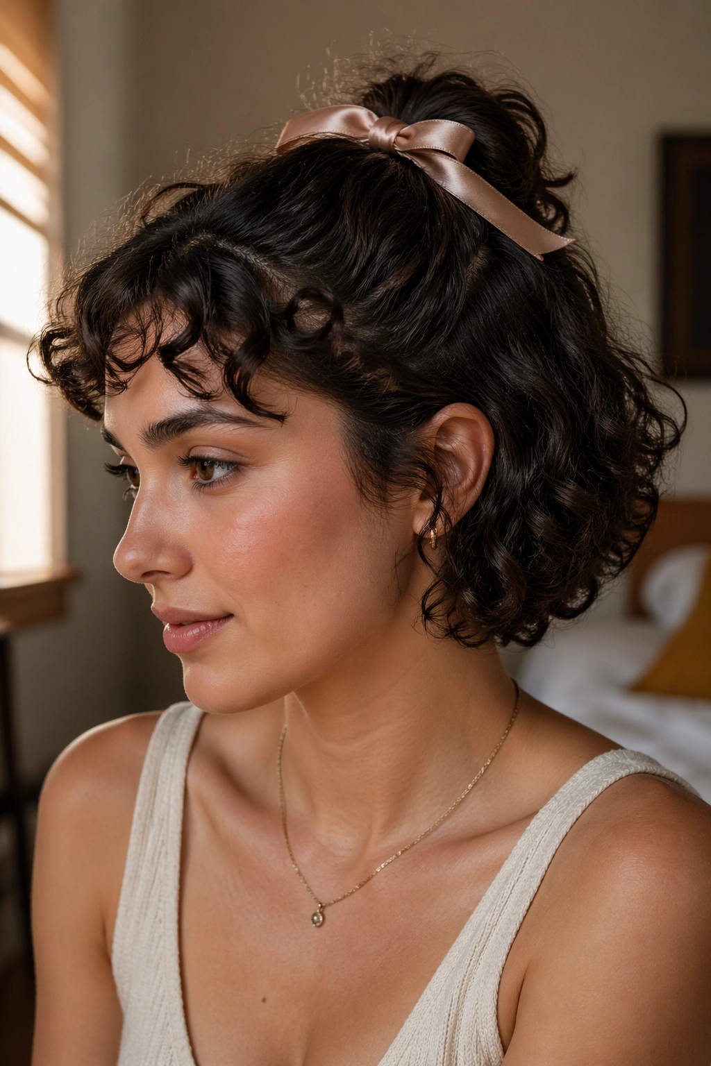 Close-up of a real woman with short curly hair styled in a ribbon-tied half-up.