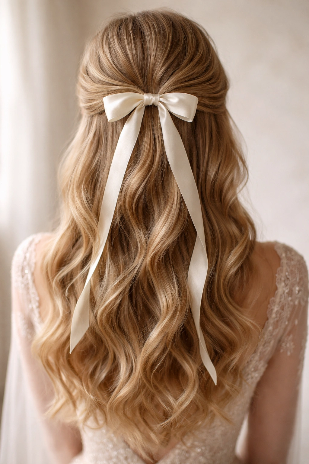 Close-up of a bridal Ribbon-Tied Half-Up hairstyle with satin ribbon at the crown and flowing waves