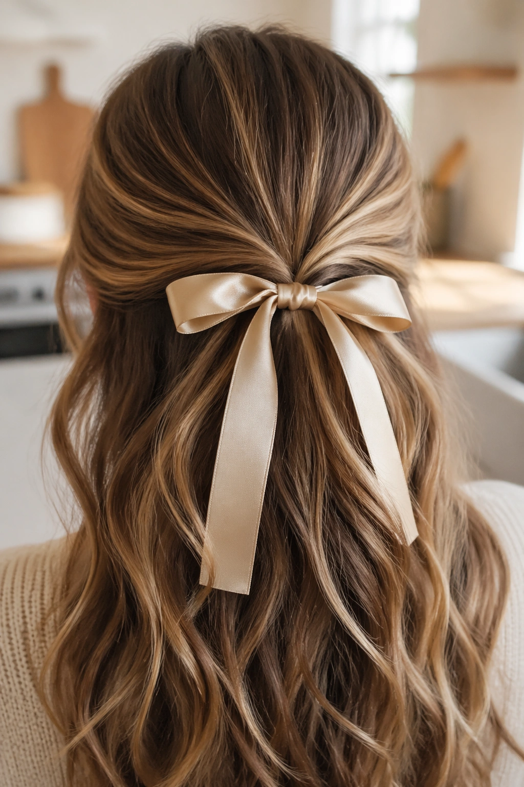 Back of head with ribbon-tied half-up ponytail on real person