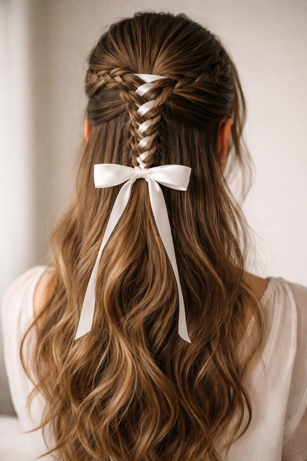 Ribbon-laced half-up ponytail with a bow at the base