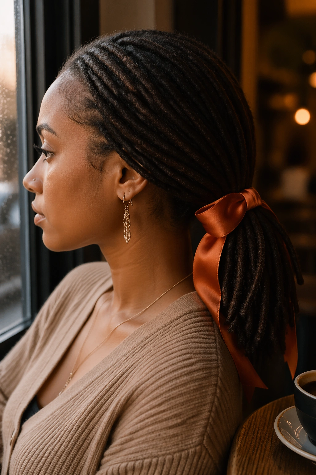 Real person with ribbon-tied ponytail accent around elastic