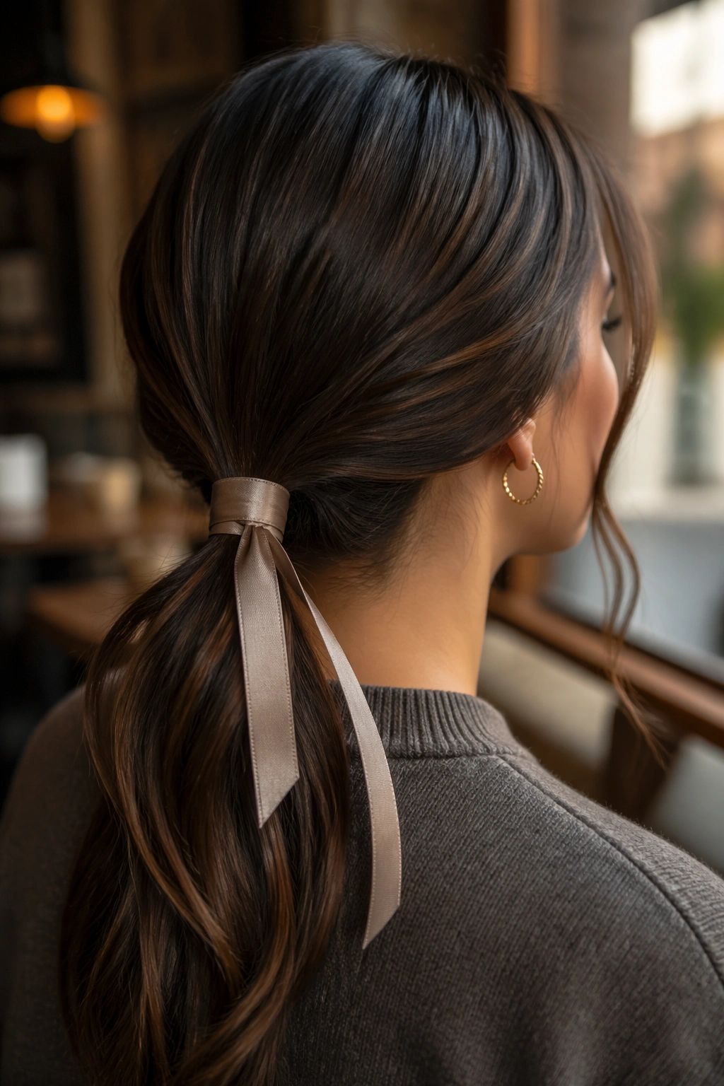 Close-up of a real woman with a ribbon-tied low ponytail in a cafe light
