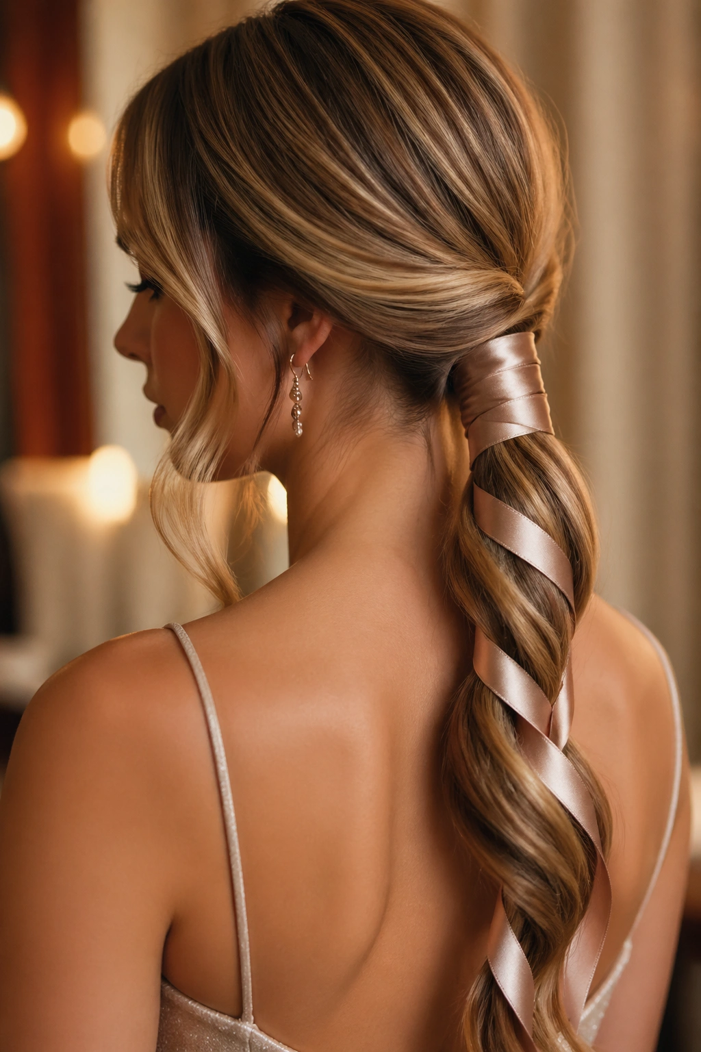 Real woman wearing ribbon-wrapped low ponytail with satin ribbon