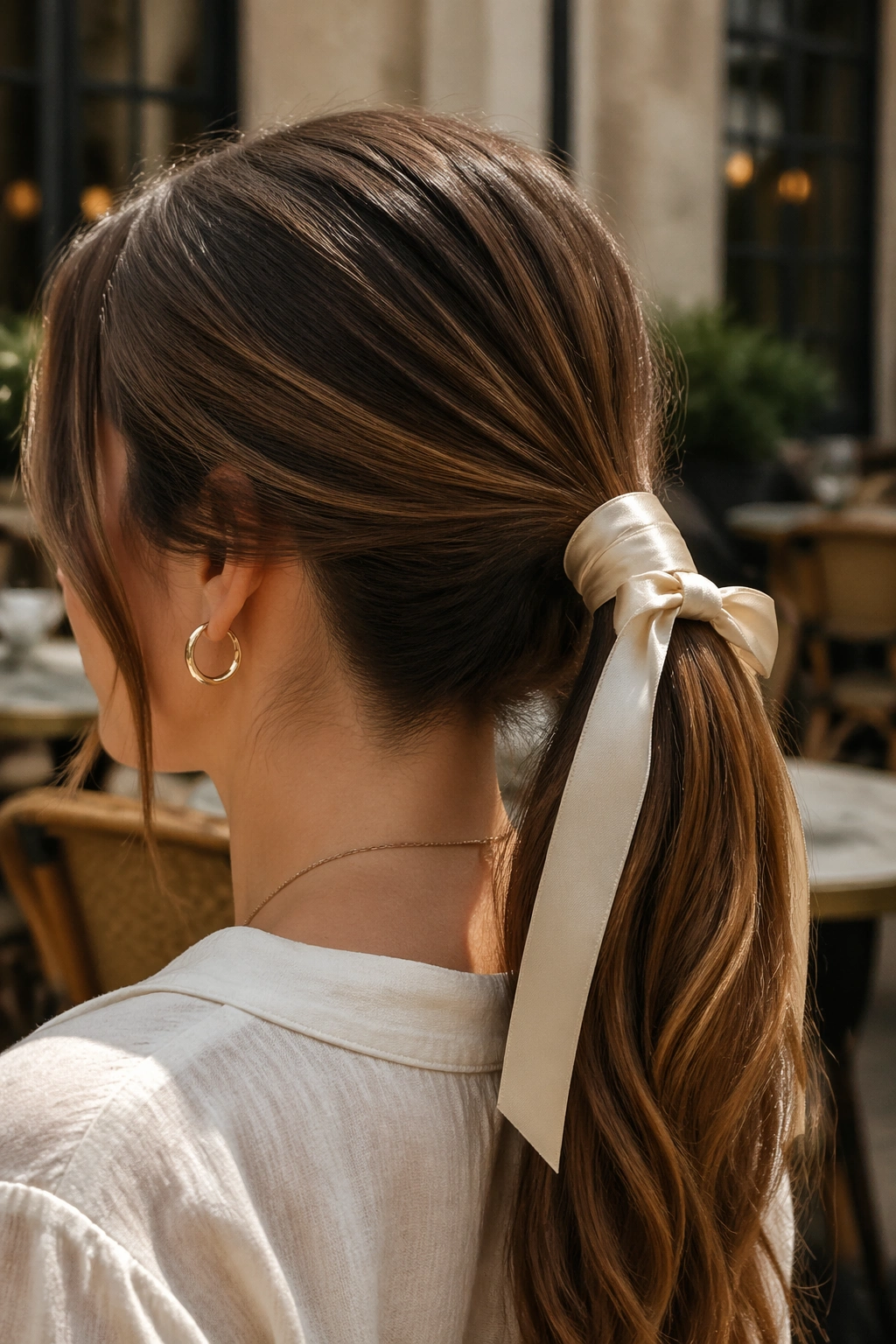 Real woman with ribbon-wrapped ponytail in outdoor cafe light