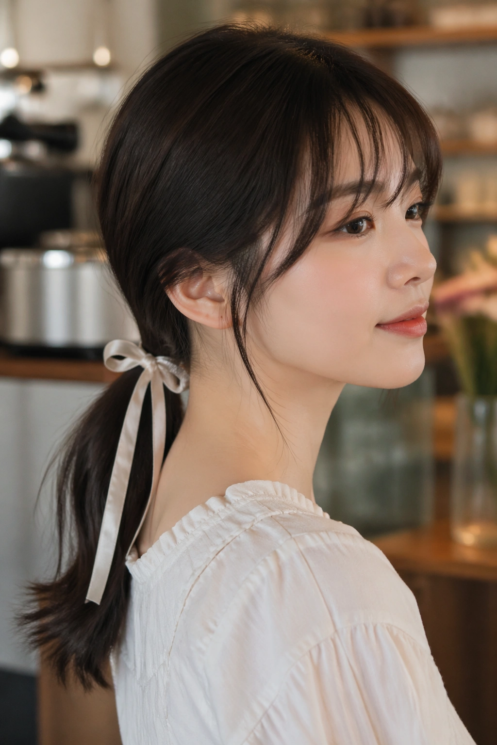 Close-up of a real woman with a ribbon-tied low ponytail and airy bangs in a cafe