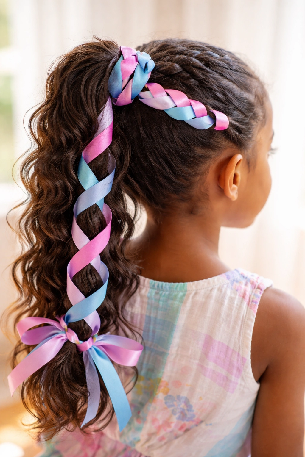 Close-up of a braided ponytail with satin ribbons woven into the base