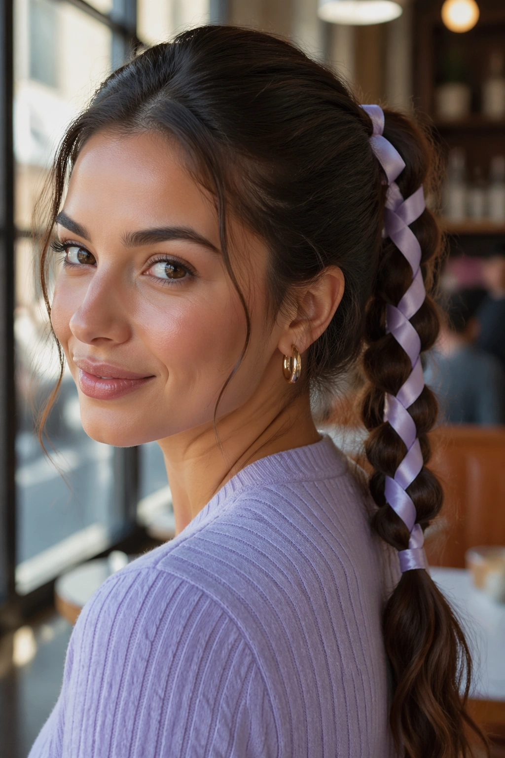 Close-up of a woman with a ribbon braided into a neat ponytail under daylight at a cafe window