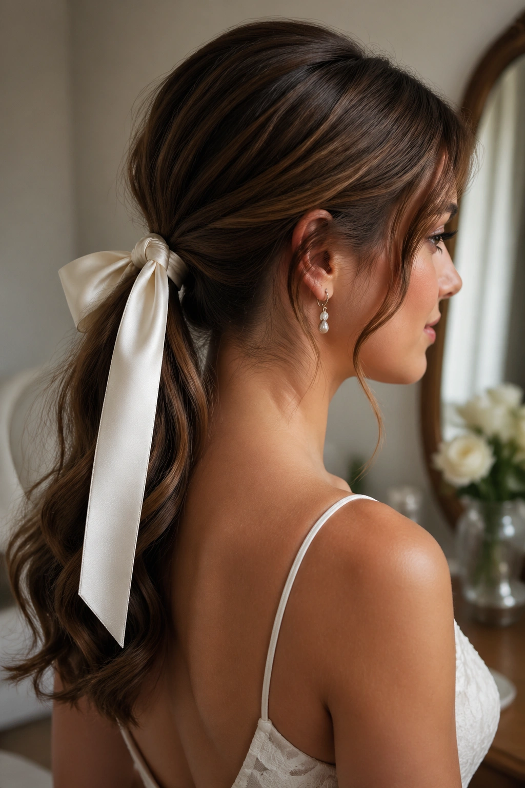 Close-up of a real bride in Satin Ribbon Low Ponytail with ribbon accent.
