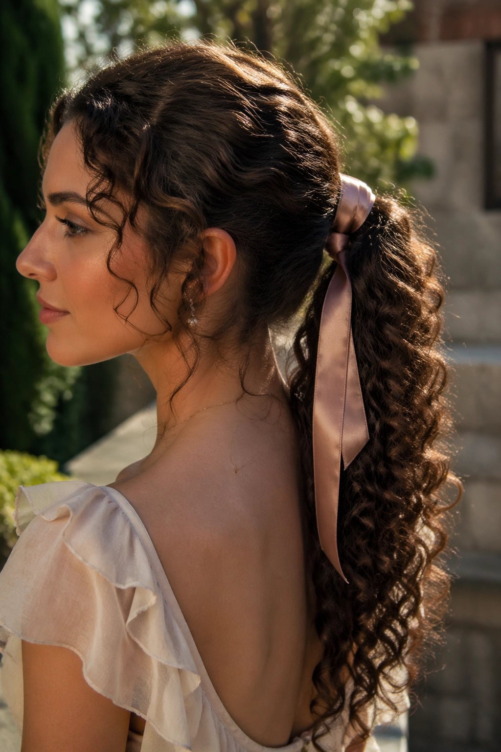 Close-up of a real woman with a curly ponytail wrapped in a satin ribbon