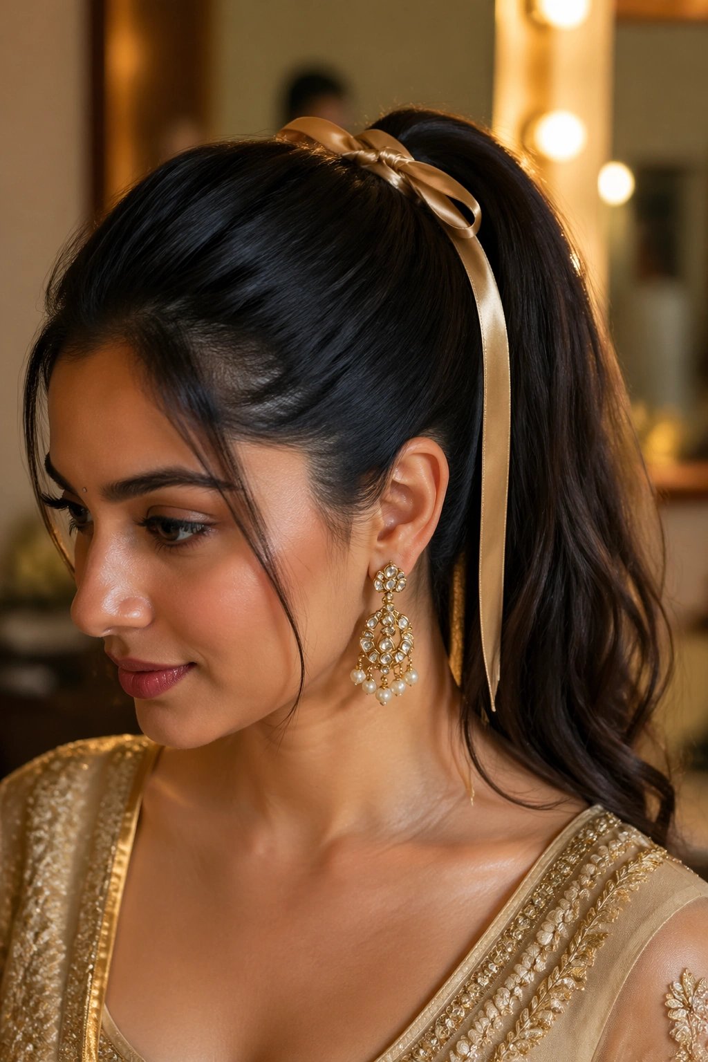 Close-up of a real woman with a satin ribbon tied over the base of a high ponytail.