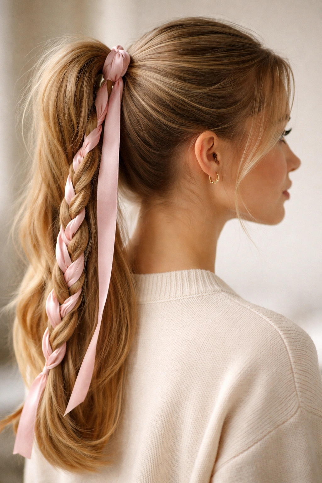 Ribbon-Tie Pony: high ponytail with ribbon wrapped at the base