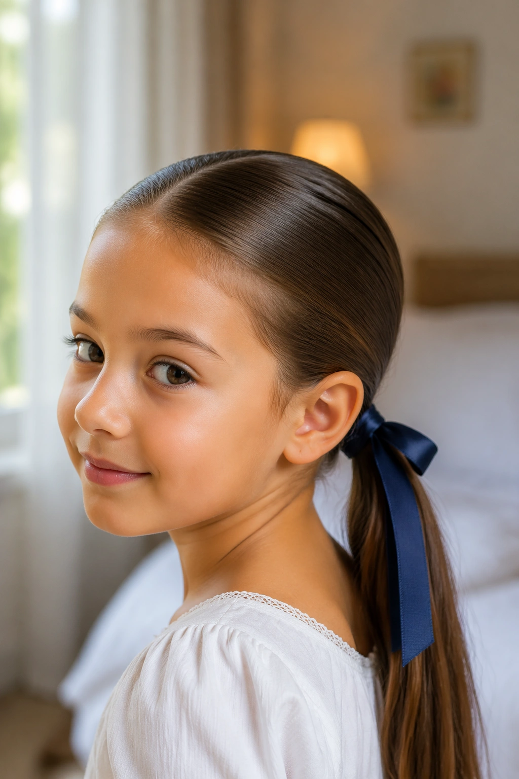 Close-up of a real child with a ribbon-tied sleek ponytail under a narrow grosgrain ribbon