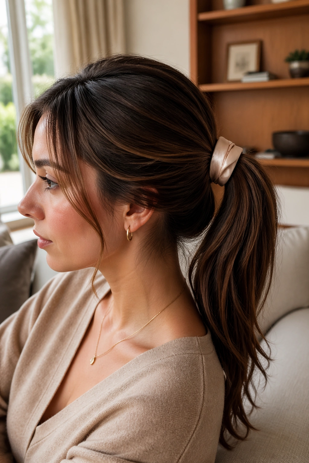 Close-up of a real woman with a tucked ribbon ponytail featuring a satin ribbon integrated into the ponytail