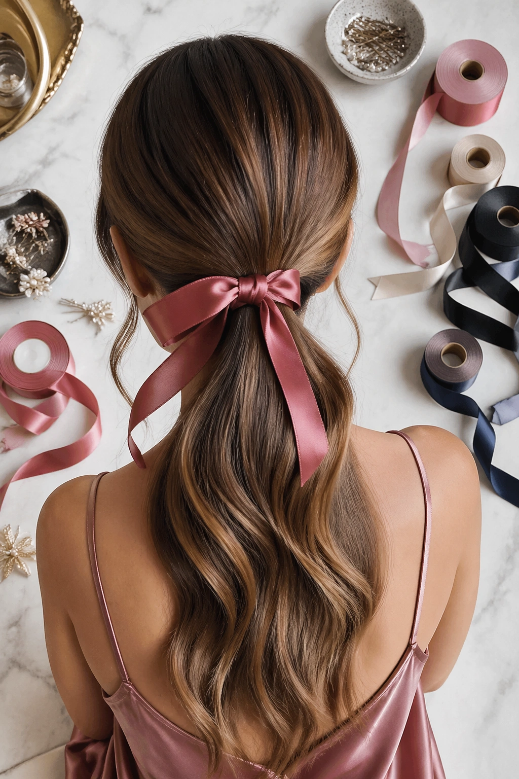 Ribbon-tied low ponytail with long tail and ribbon detail