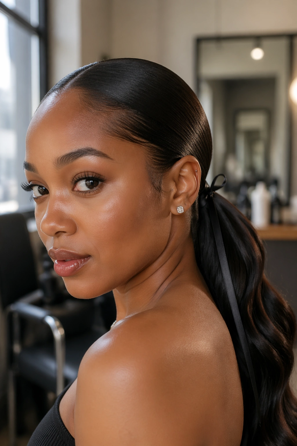 Real woman with ribbon-tied low ponytail showing a slim satin ribbon at the base.