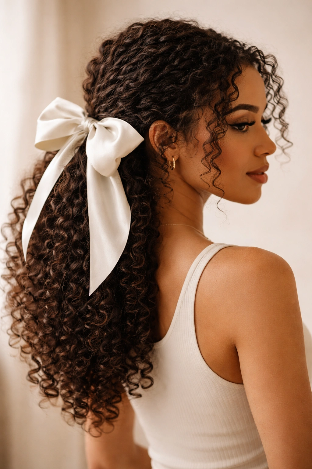 Oversized ribbon ponytail with satin ribbon around base