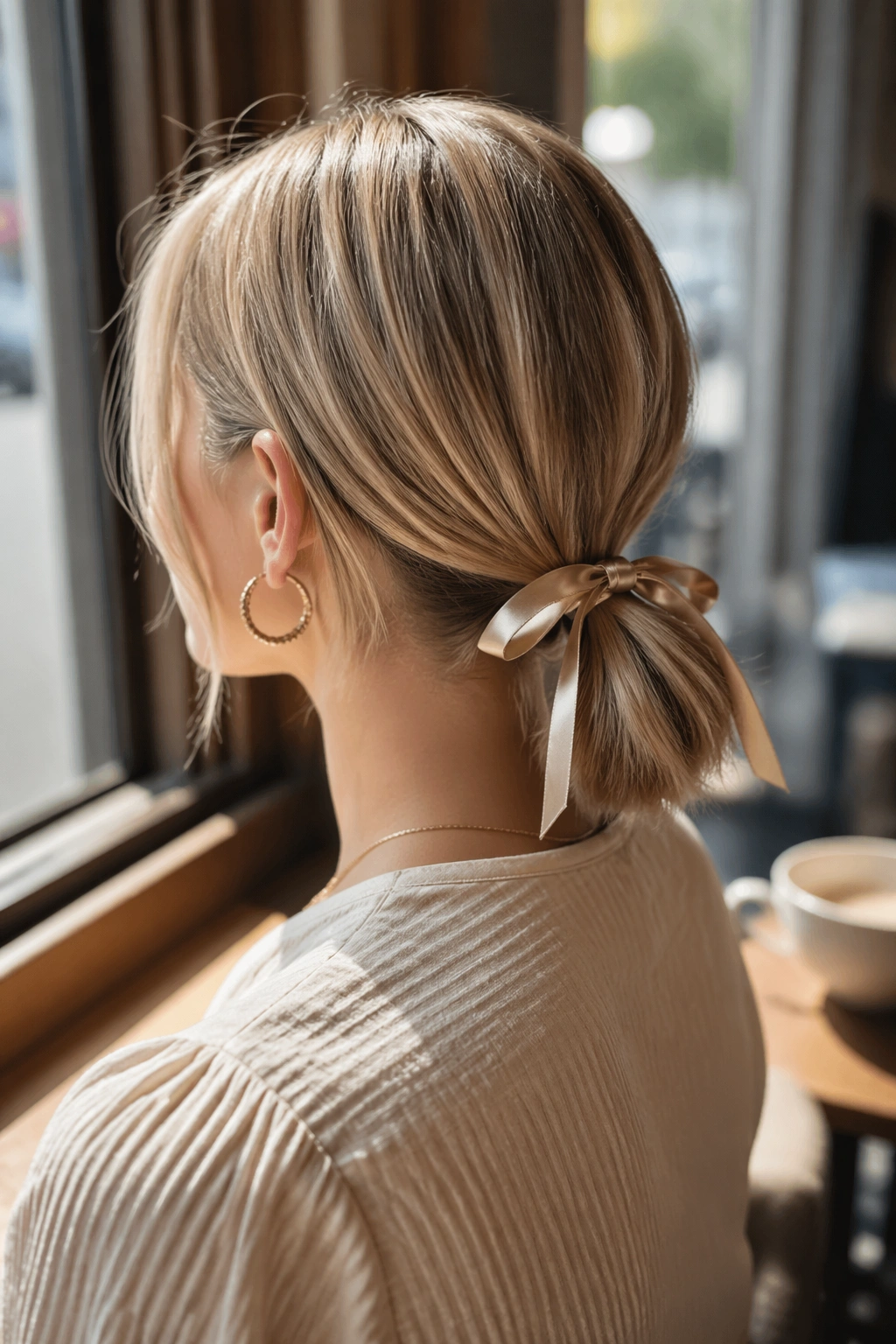 Back view of real woman with a ribbon-tied low ponytail on short hair.