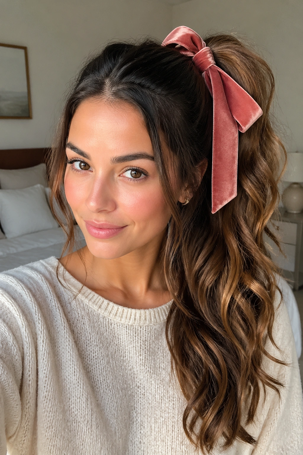 Woman with ribbon-tied ponytail secured by a wide ribbon