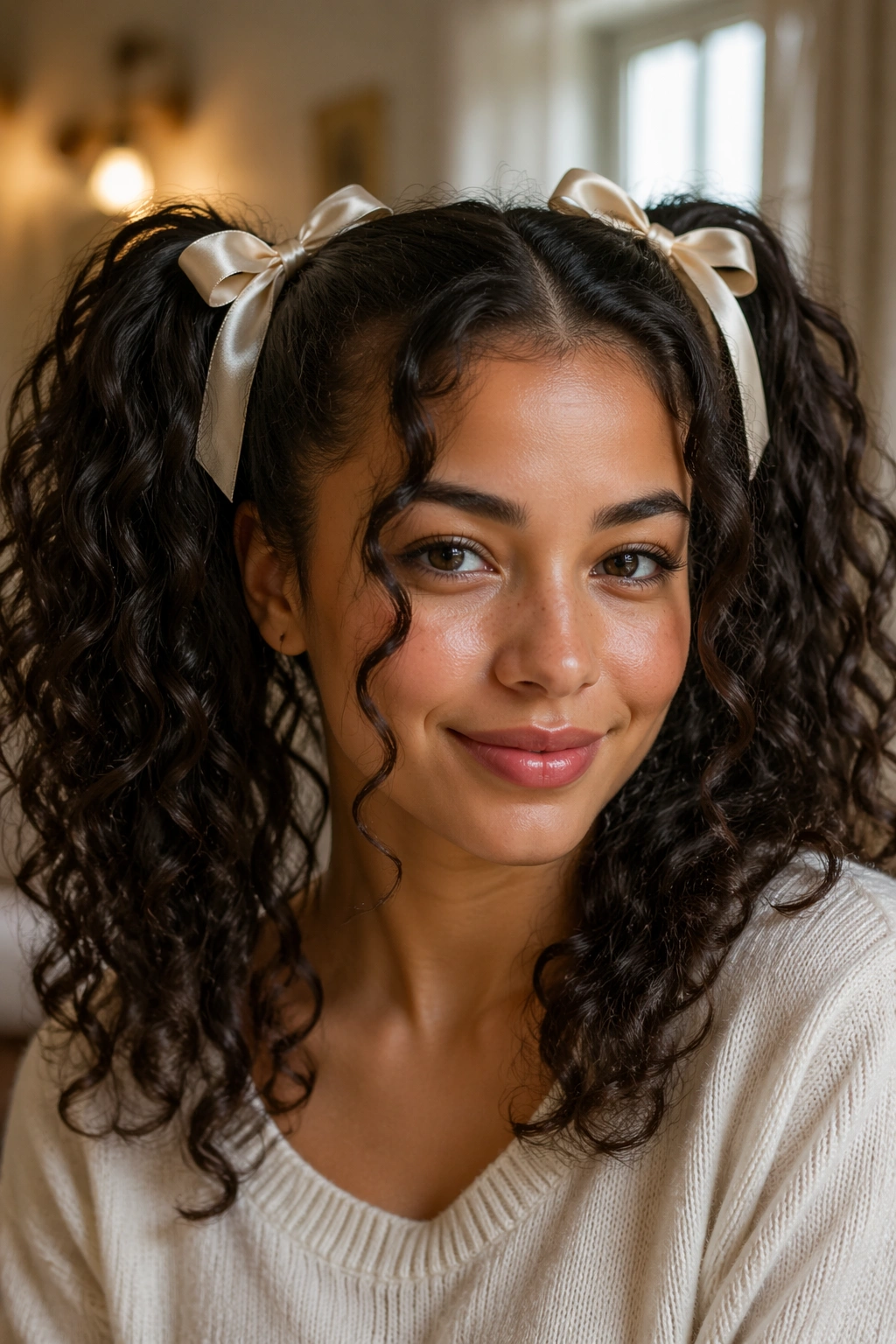 Real person with double ponytails tied with satin ribbons