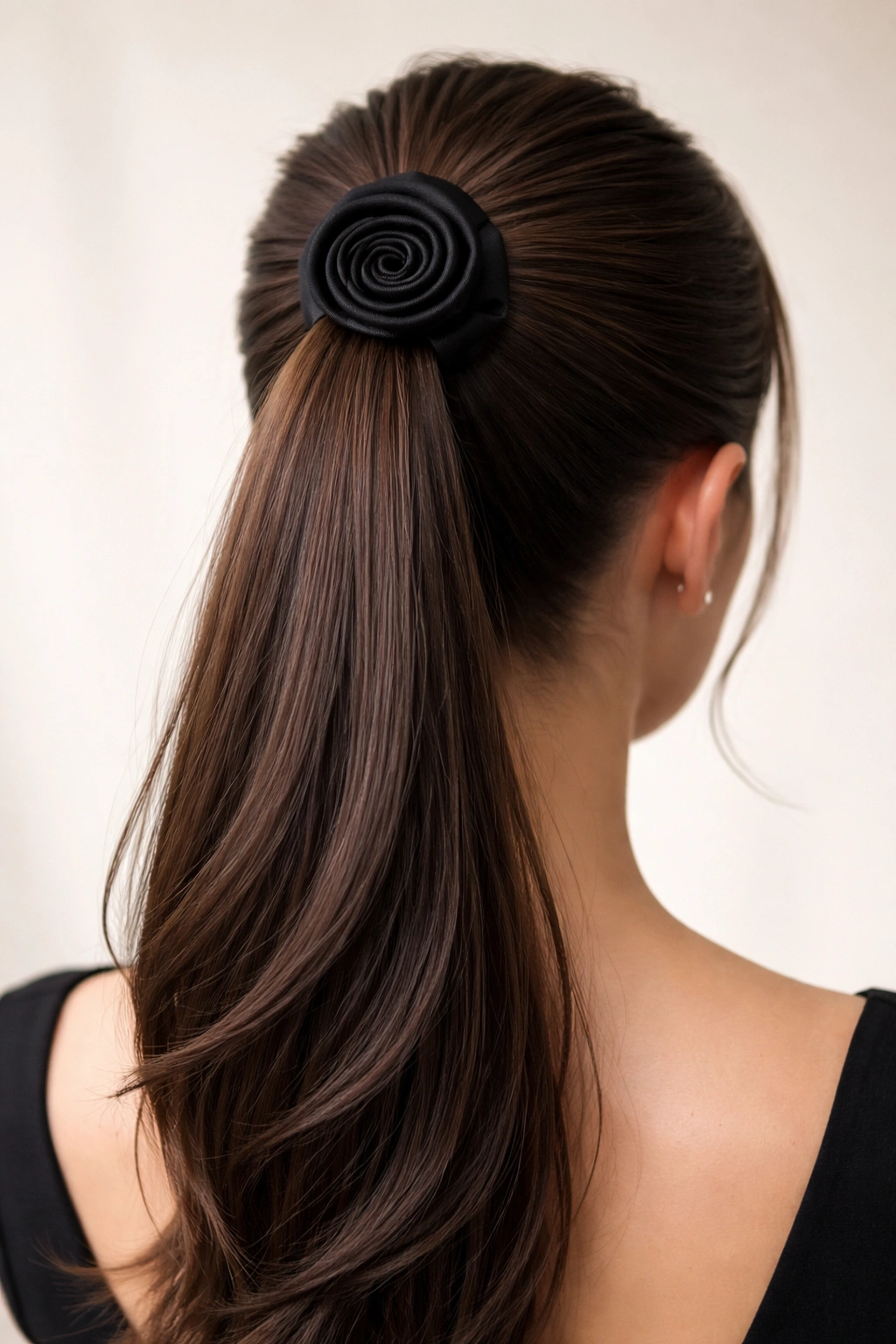 Ponytail with ribbon rosette at base, flat spiral rosette