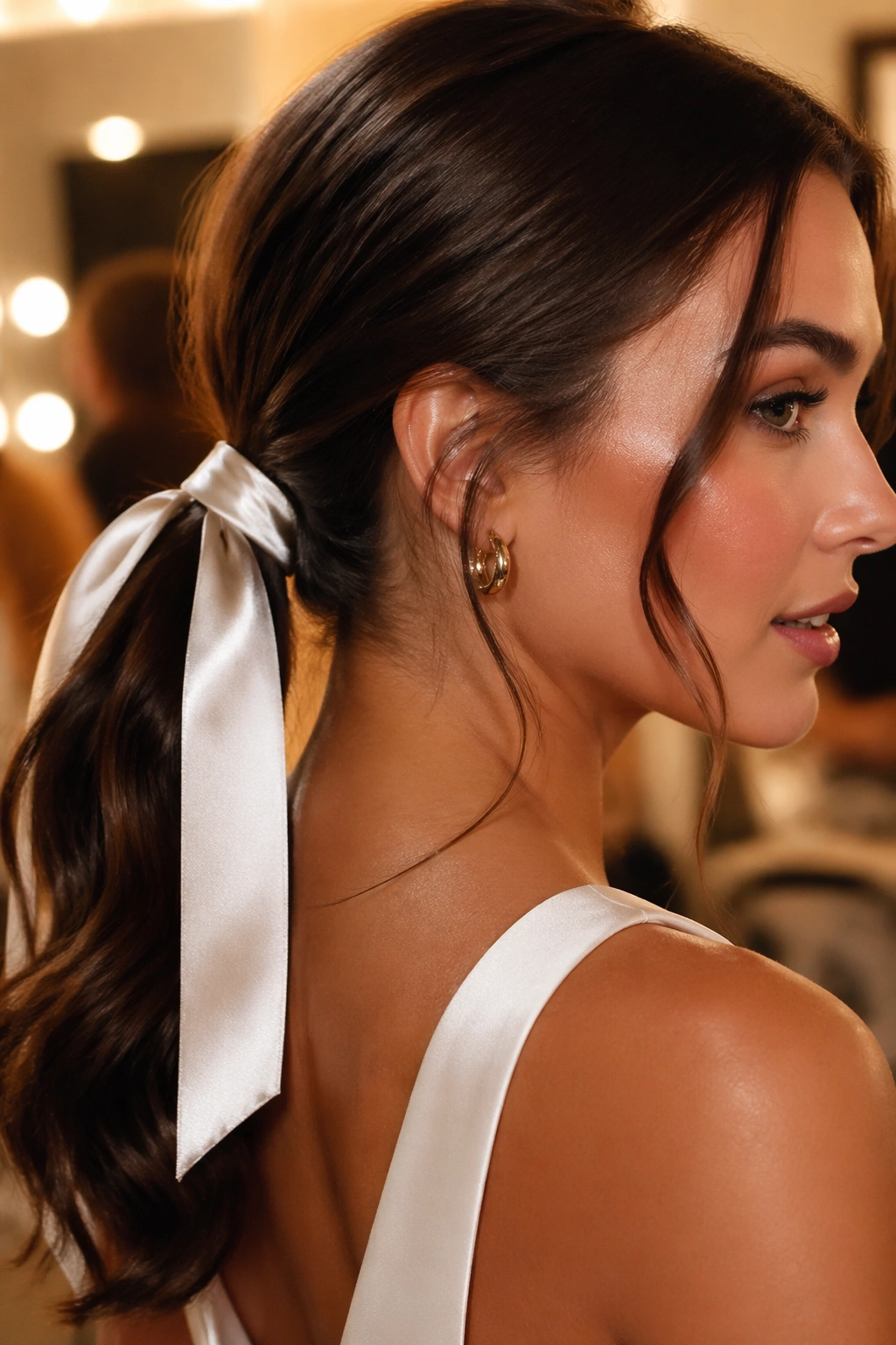 Close-up of a real woman with a satin ribbon tied around a low ponytail