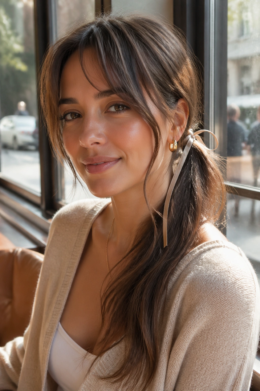 Close-up of a real woman with a ribbon-tied side ponytail and airy bangs in a sunlit cafe