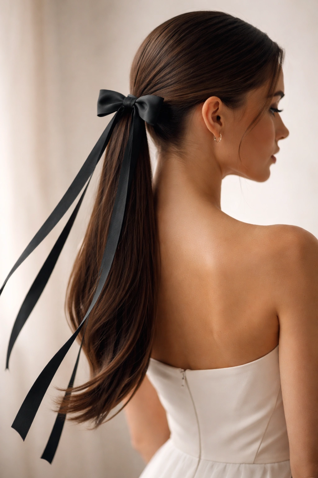 Close-up of a sleek low ponytail with long ribbon streamers