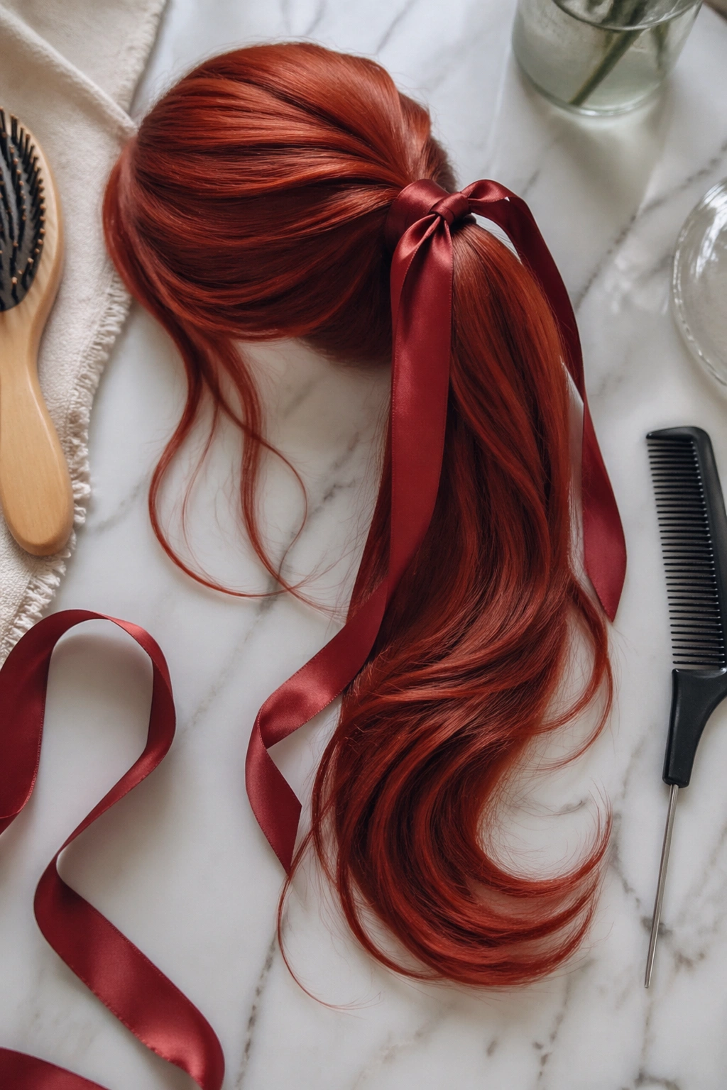 Ribbon-tied red swoop ponytail flat-lay