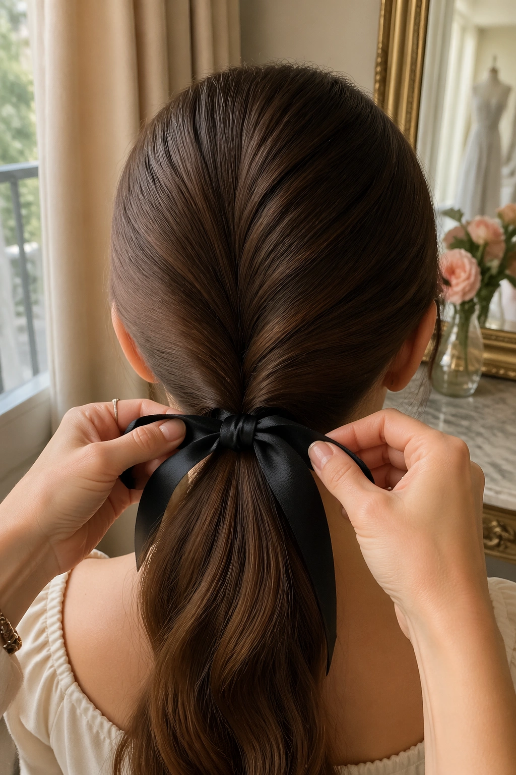 Hands tying a satin ribbon around a low V part ponytail.