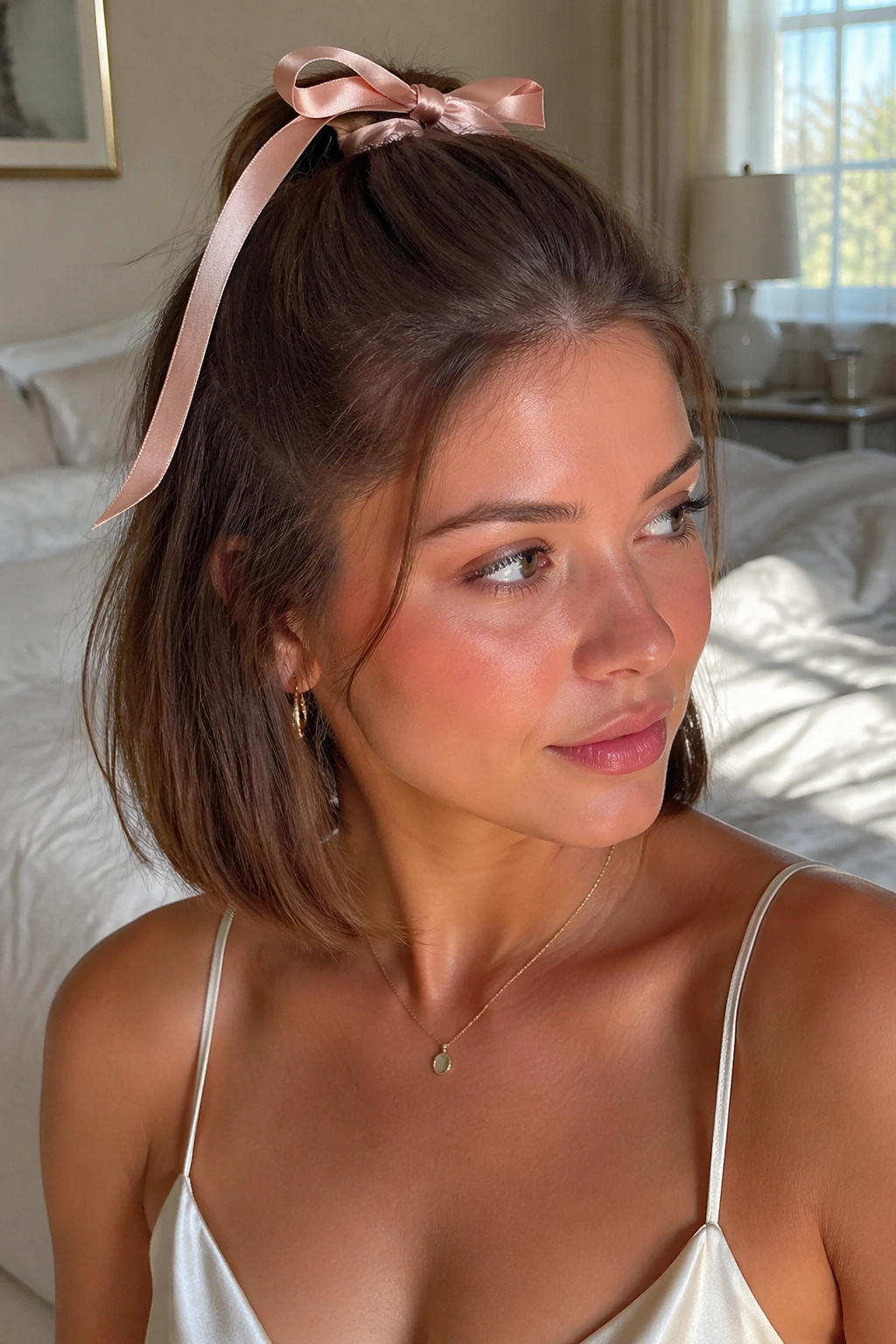 Close-up of ribbon-tied half pony hairstyle on short hair