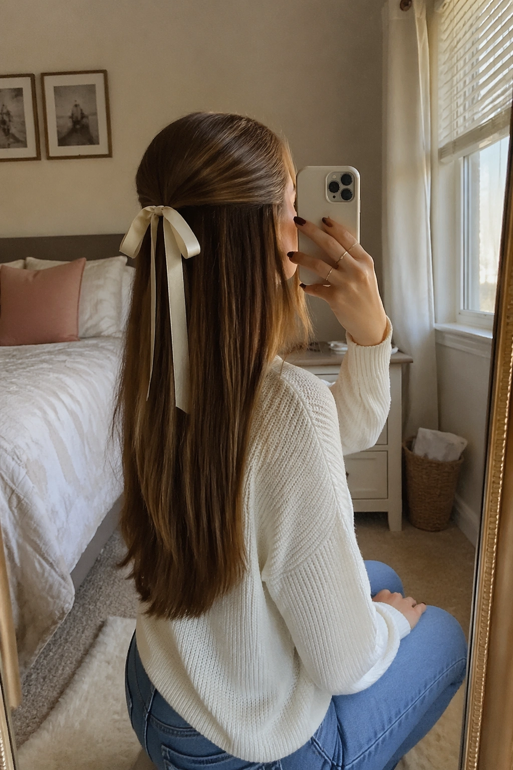 Ribbon-Tied Half Ponytail mirror selfie