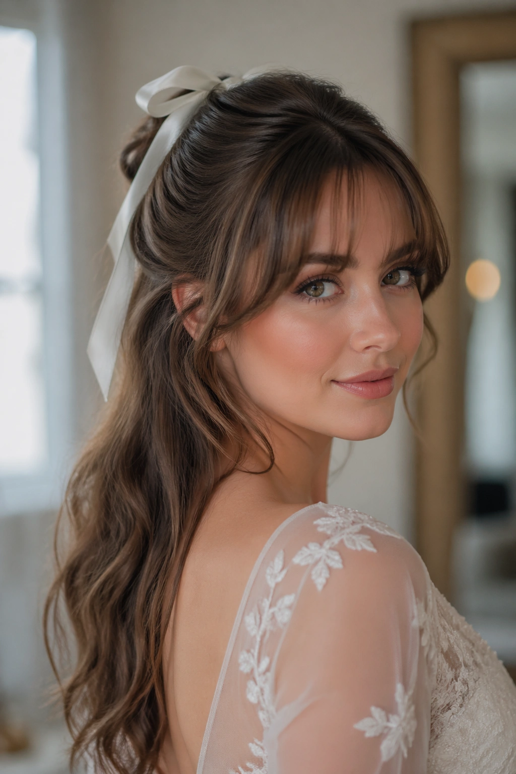 Portrait of bride with ribbon-tied half-up and soft fringe