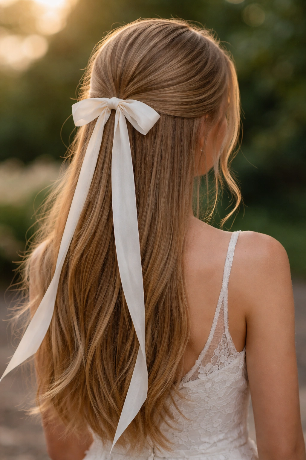 Ribbon-tied half-up hairstyle with long trailing ribbon