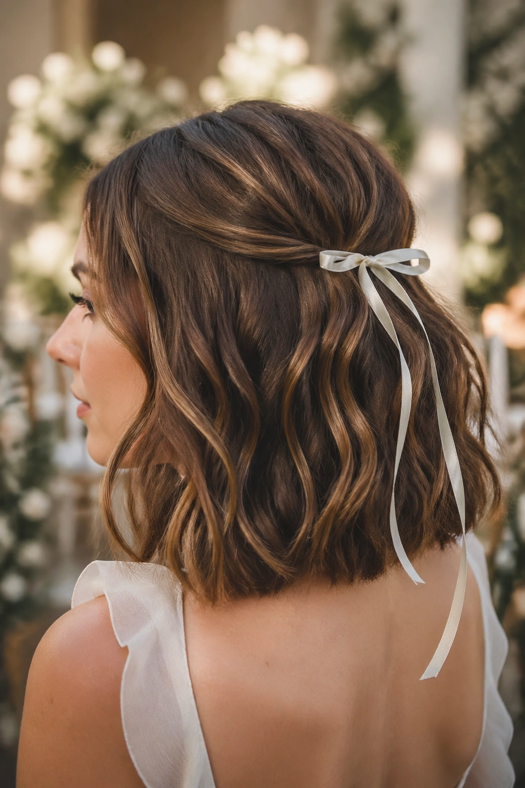 Portrait of a woman with a ribbon-tied lob wedding hairstyle.