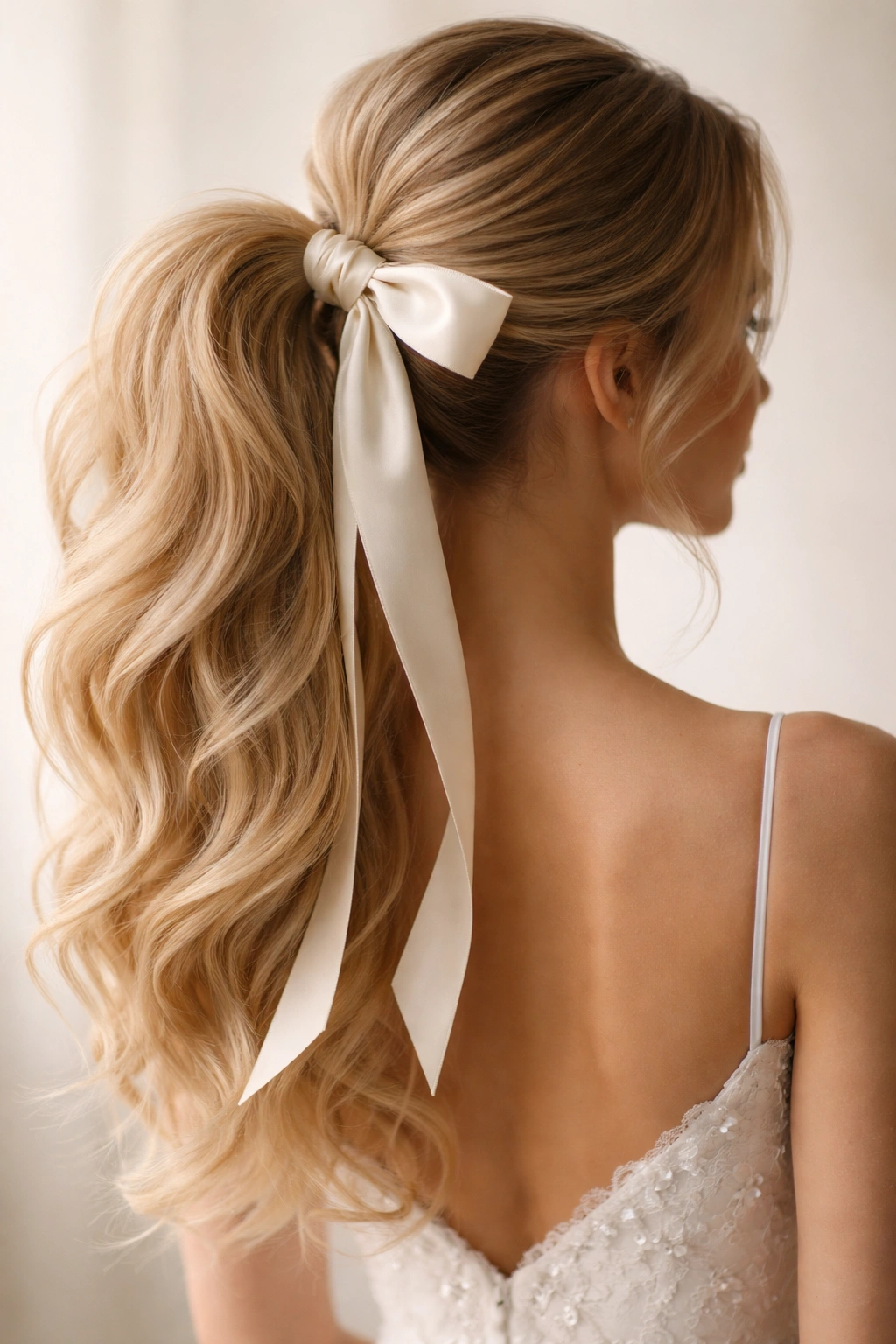 Ponytail tied with satin ribbon around the base