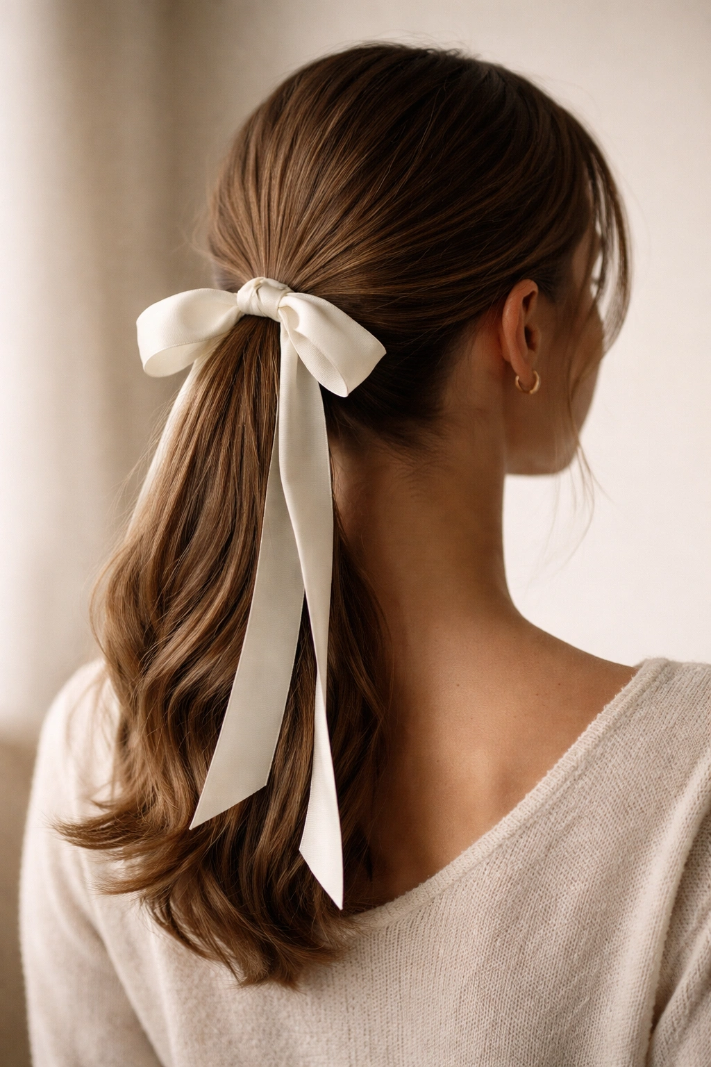Ribbon-tied mid ponytail with ribbon at base and hanging tails